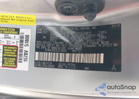 2012 Toyota Sienna Le V6 8 Passenger из США, поврежденный, VIN 5TDKK3DC0CS216697